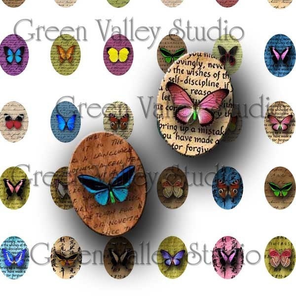 Digital Art Images Collage Sheet - Butterflies - Handwriting - Insects - Nature - Small Tiny Ovals 13 x 18 mm for Pendants (OS5)