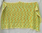 Vintage Crocheted Afghan Blanket Throw, Variegated Yellow and Green