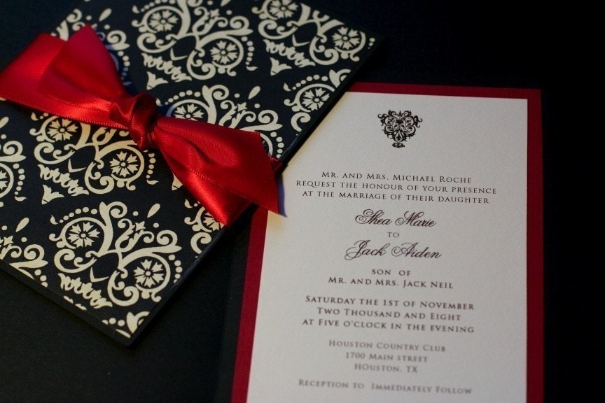BLACK DAMASK with Red Accents Wedding Set