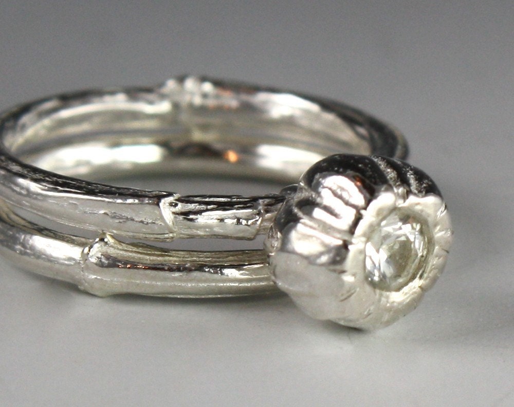 Sterling Silver Anemone Bud Wedding Set with White Sapphire--Made to Order in Your Size