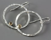 Silver Hammered Hoop Earrings - Champagne Diamonds - Circle Earrings - Diamond Earrings - 14k Gold - Large Silver Hoops - Made to Order