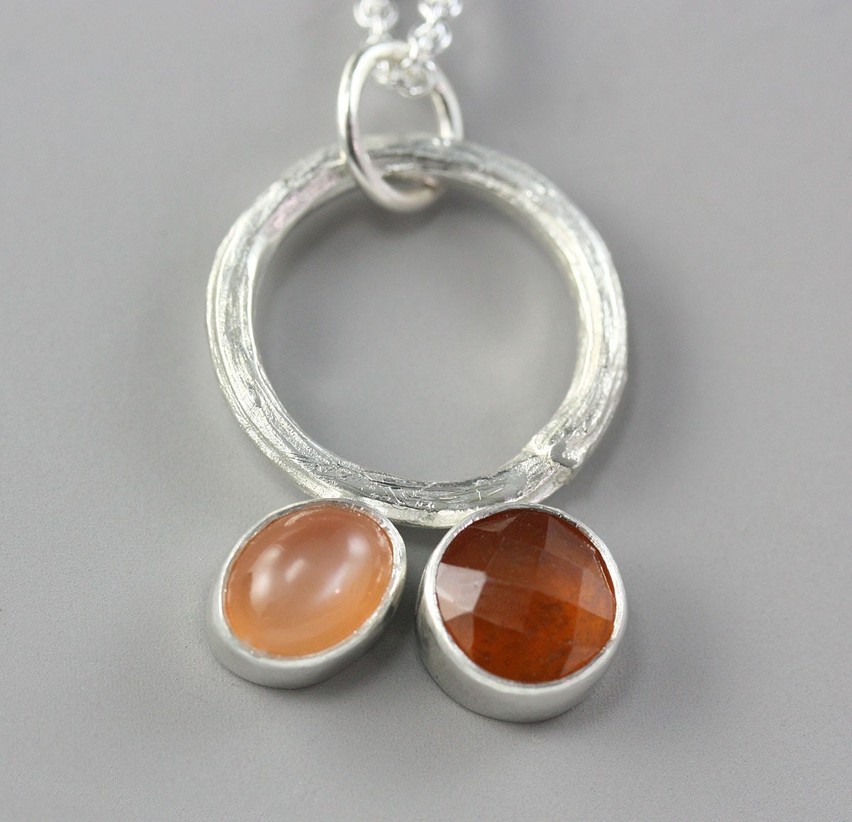 ON SALE - 50% OFF - Silver Twig Pendant - Carnelian Moonstone Pendant - Bright Colors - Twig Circle - Branch Necklace - Ready to Ship