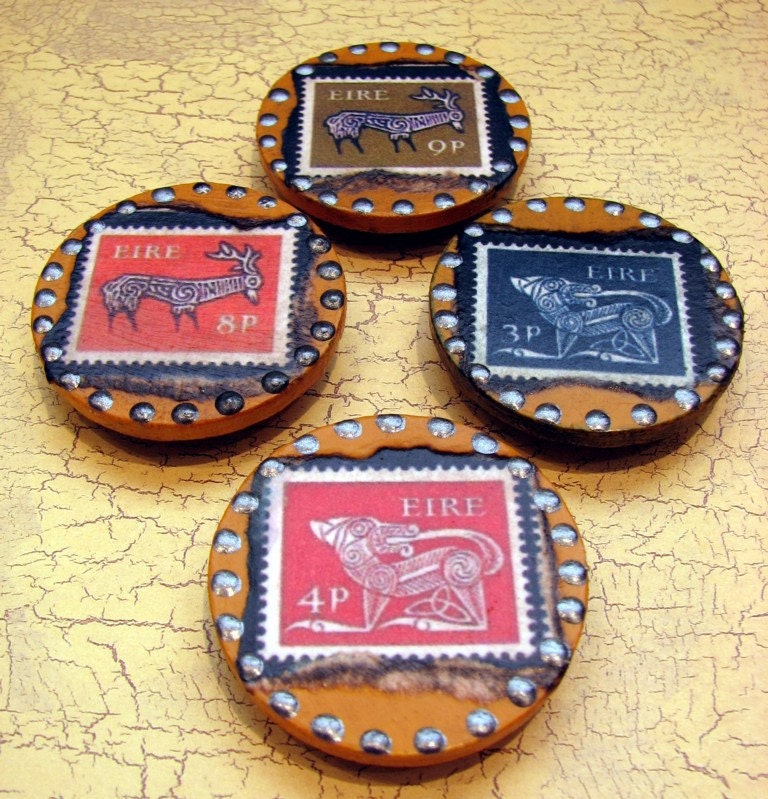 Irish Magnets ... Set of 4 Celtic Animals on Old Stamps