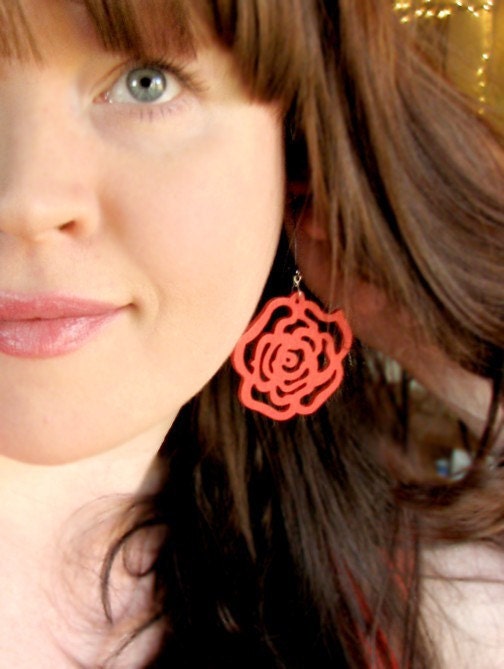 Big Red Rose Earrings . Lightweight Cut Wood Flowers
