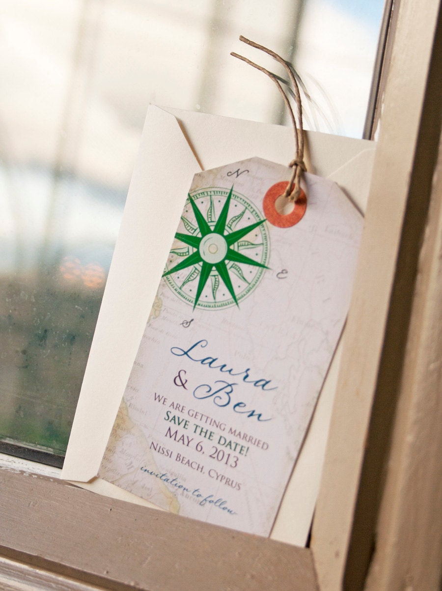 Save the Date - Vintage Compass Rose Luggage Tag Magnet for the Destination Wedding  - Design Fee