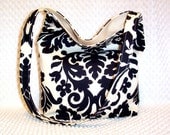 Handbag Purse Everyday Bag Damask Hobo Bag Shoulder Sling Hobo Bag Black and White Damask Tote Bag Floral Ebony and Ivory