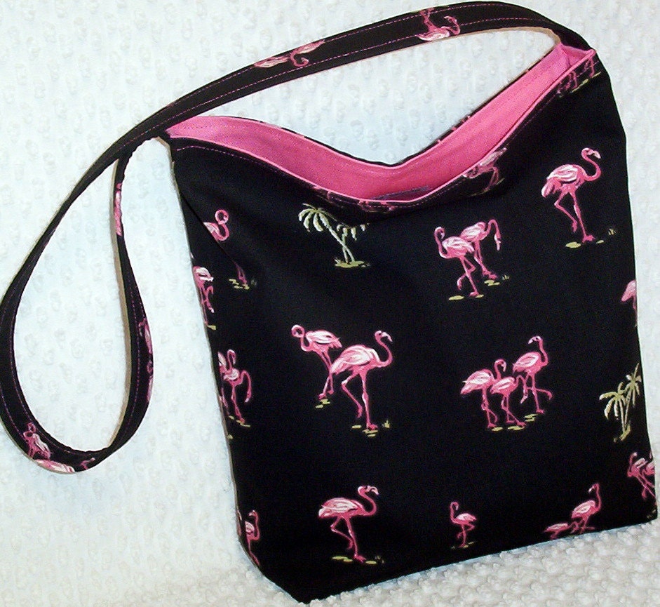 Hobo Bag Slouch Purse Shoulder Sling - Tropical Pink Flamingos in Hot Pink and Black - BizzieLizzie