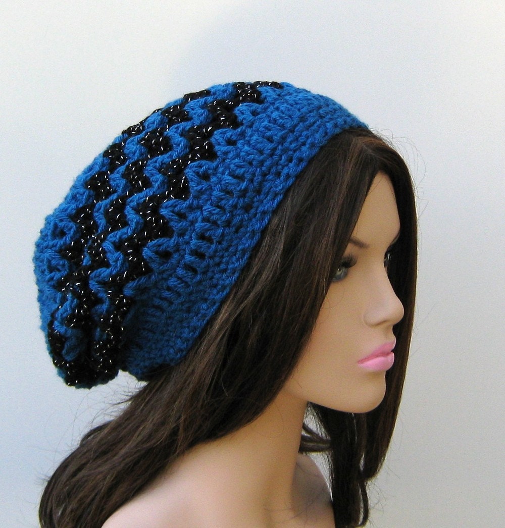 Sapphire Zig Zag Tam Hippie Dreadlock Hat Slouchy Beanie 80s revisited blue