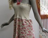 Sale Reconstructed Dress Tunic Top upcycled strapless shirred bodice floral cream pink M L