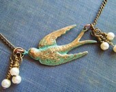 Bird Necklace Blue Green Verdigris Art Nouveau Steampunk Swallow Sparrow Necklace Free Shipping under 25.00