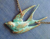 Bird Necklace Blue Green Verdigris Art Nouveau Steampunk Swallow Sparrow Necklace Free Shipping under 25.00