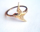 Brass Swallow Bird Ring on Antiqued Brass Band, Art Nouveau, Tattoo, Steampunk Free Shipping Worldwide