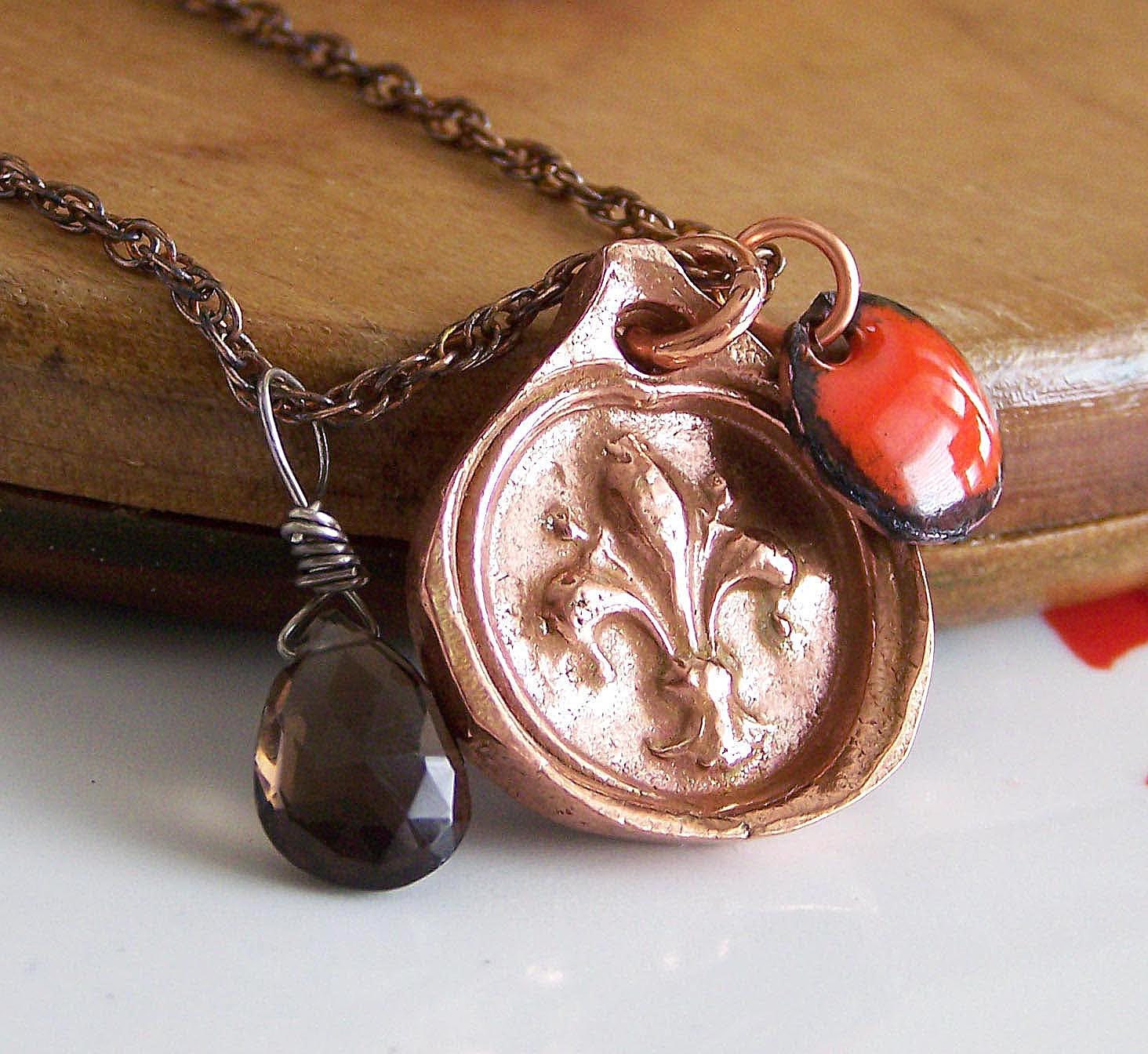 Etsy, Charm Necklace: Fleur de Lis Copper Metal Clay, Wax Seal Necklace with Orange Enamel Disc and Smokey Quartz