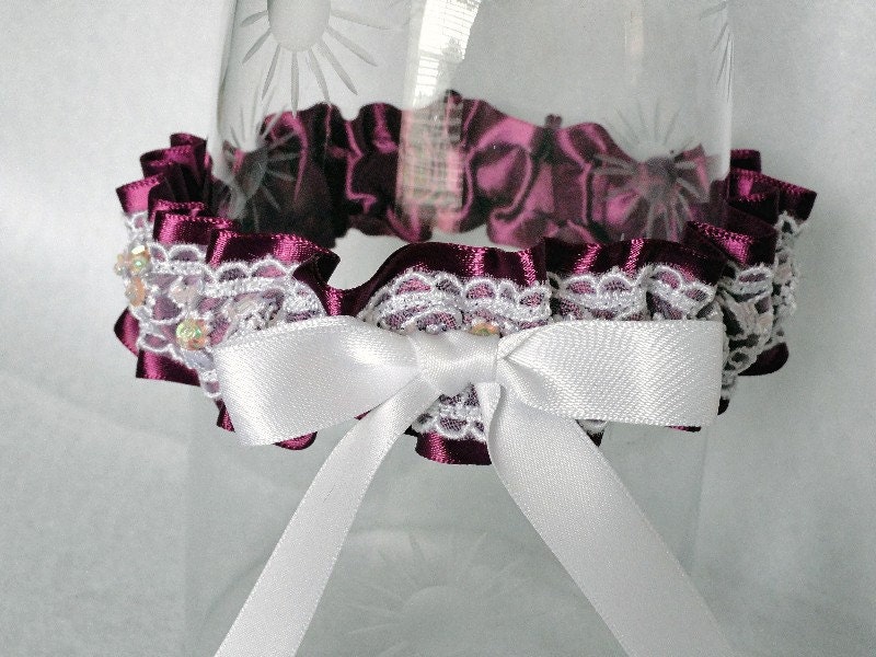Violet Satin and White Embroidered and Beaded Lace Garter