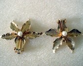Vintage 1950s Gold and Pearl Orchid Clip Earrings