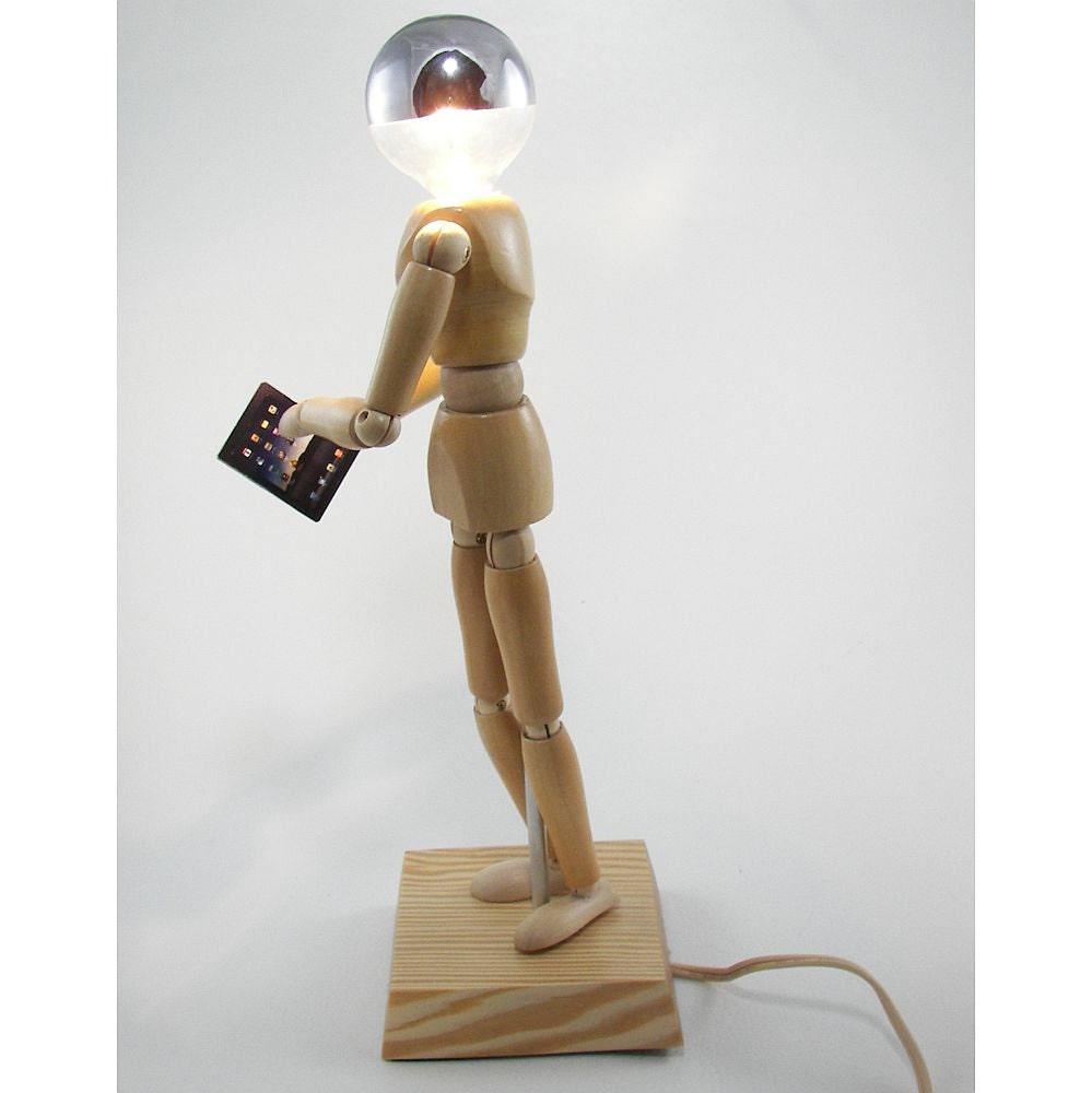 Wood Manikin Figure Lamp with Chrome Light Bulb and iPad