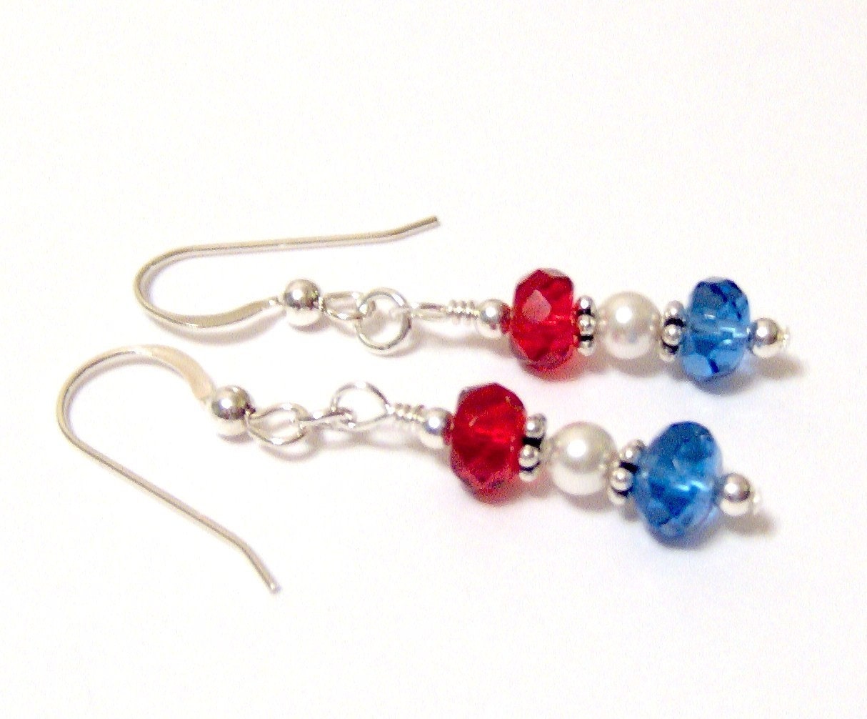 Patriotic Red White and Blue Quartz Swarovski Sterling Silver French Hook Earrings