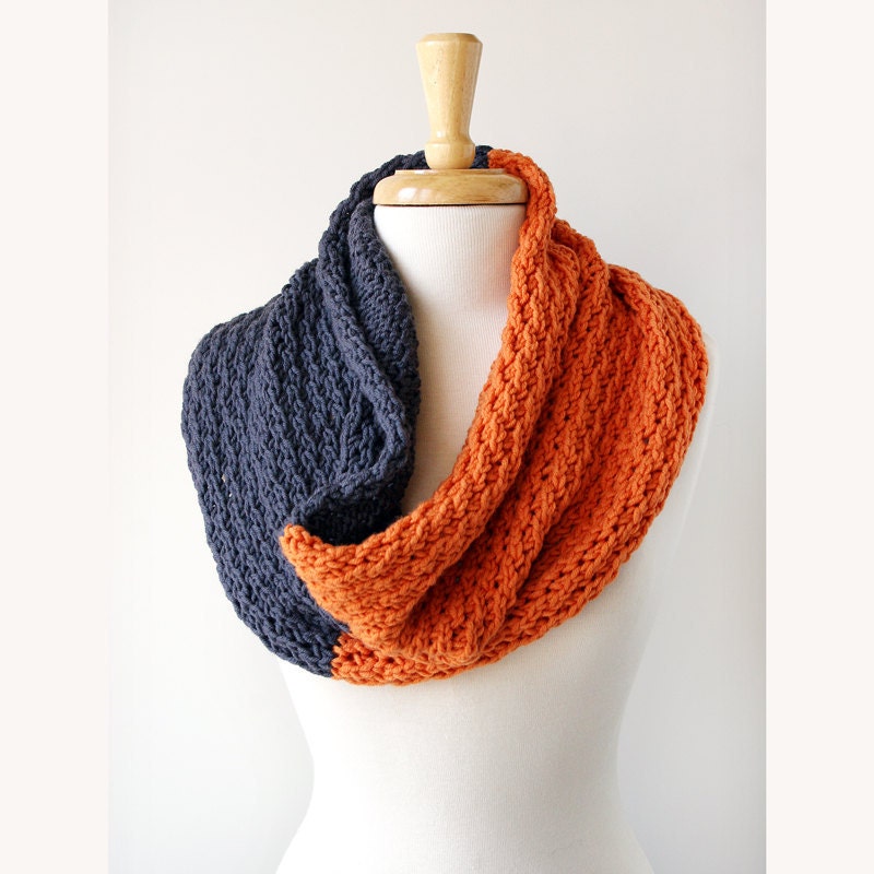 Colorblock Knit Scarf - Merino Wool Cowl - Spring Fashion - Grey and Orange - TickledPinkKnits
