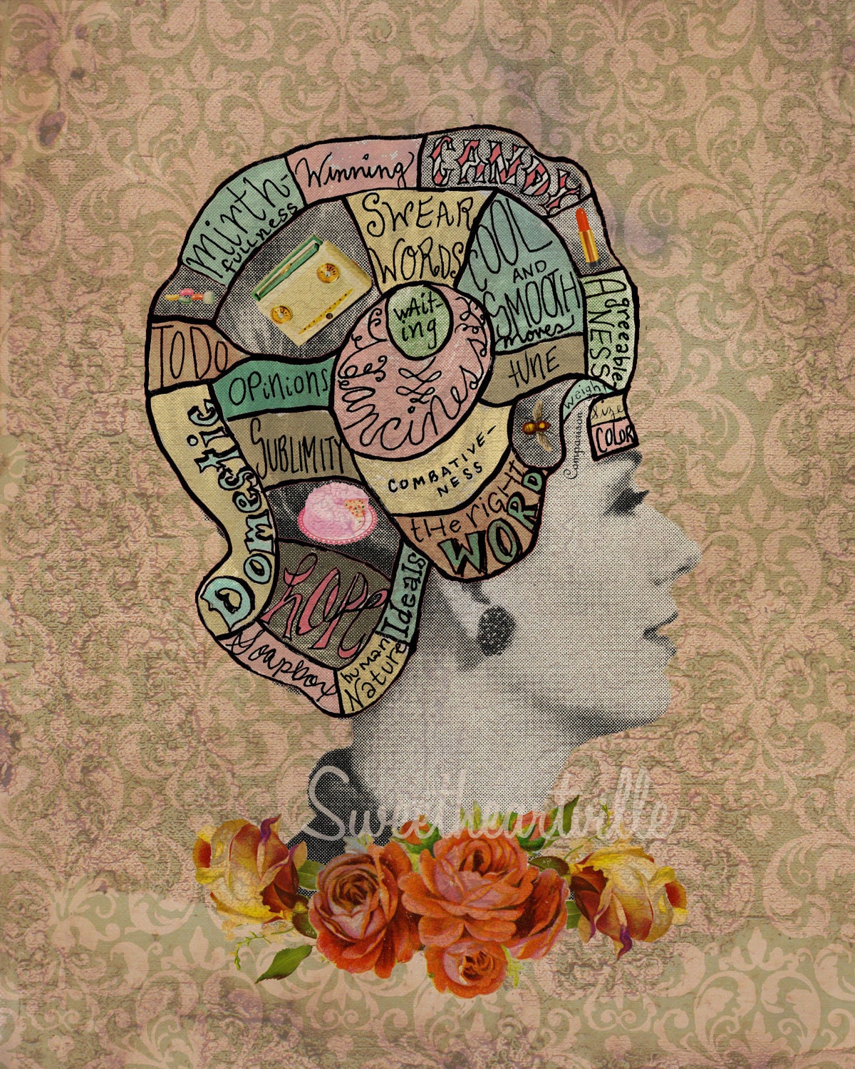 Feminine Phrenology Collage Art Print