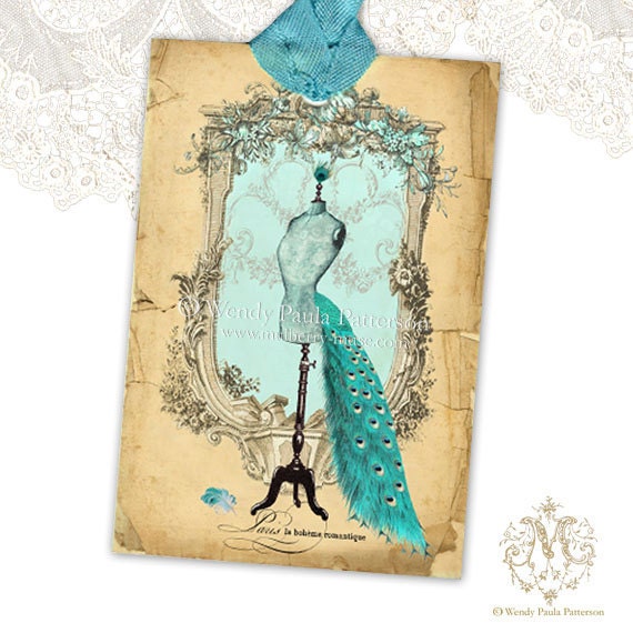 Mannequin gift tags, Vintage Style, PeacockTail, Bustle, Dress form, Fashion, Aqua Blue, French