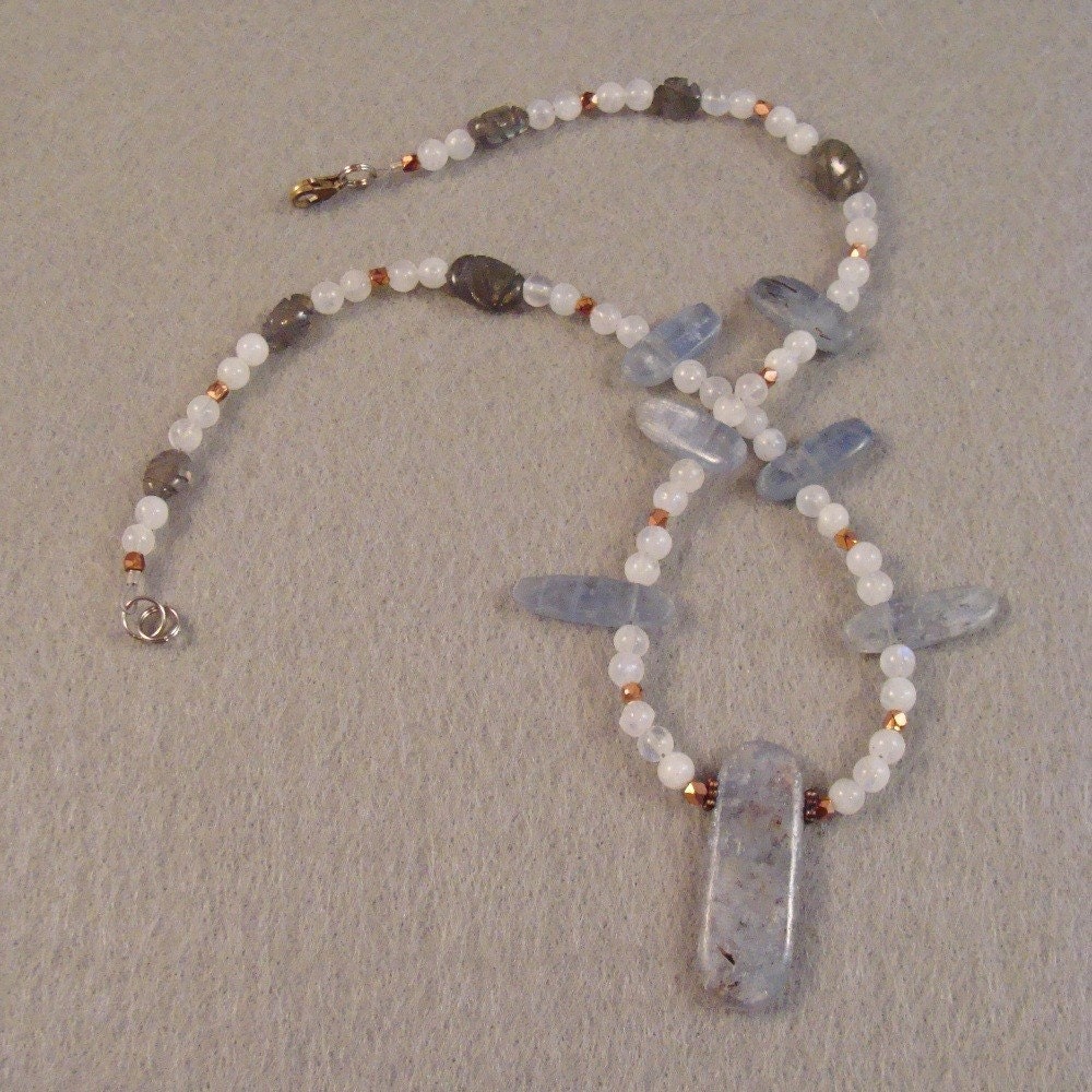Kyanite and Labradorite in moonstone with copper