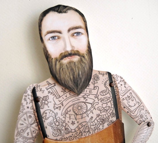 Victorian Tattooed Bearded Man Paper Puppet