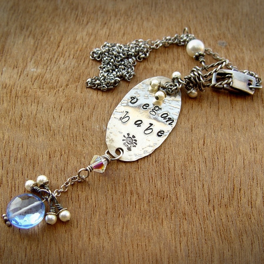 Vegan Babe Necklace electric blue topaz stamped silver oval