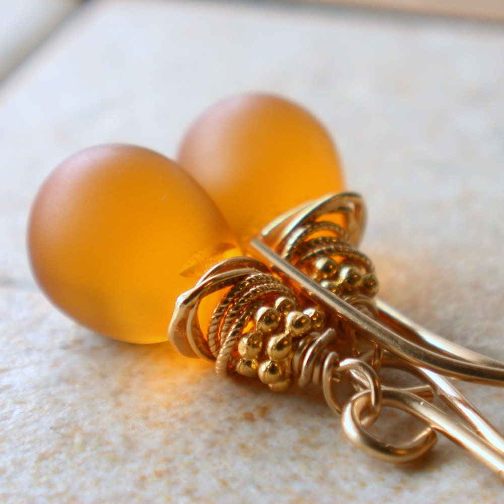 SALE. Glowing Honey Drop Earrings. 14k goldfill. Glass.