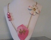 Necklace  Dogwood Flower and 3 Pink Beads and  Filigree on Pendant
