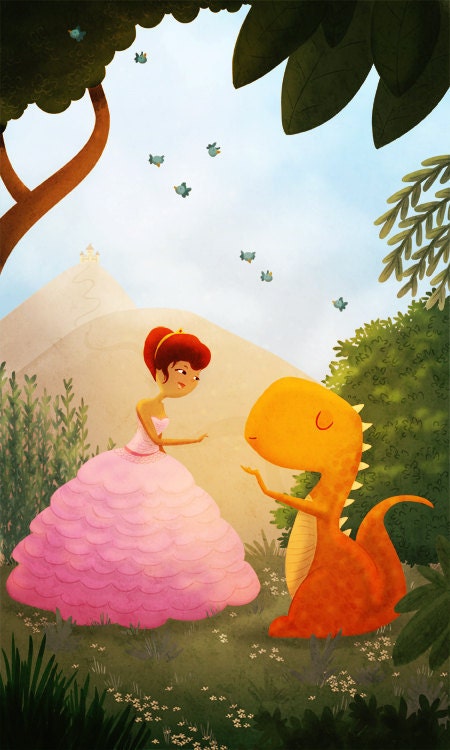 Art for girls room, Kids Wall Art, Princess Art, Dinosaur Art Print- "The perfect pair" - 13x19