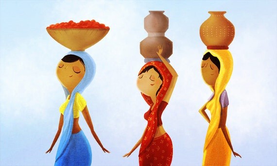 India, Indian Women, Indian Art, Indian Wall Hanging, India Art Print, Indian Sari - "Country Girls" - Art Print 13x19