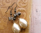 Pearl Pear and Brass Ribbon vintage inspired earrings