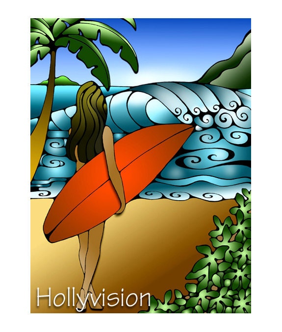 Girl Surfing waves Hawaii Surf Art