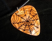 orange & black spiderweb guitar pick necklace, hot foil stamped