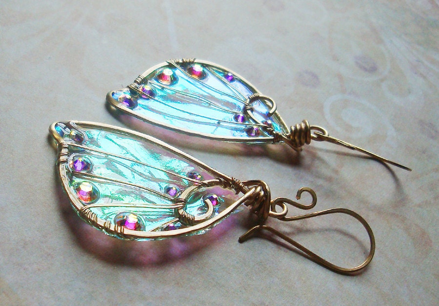 Sidhe Wings Earrings - Daoine Sith in Golden Brass- Iridescent Faery Wing Earrings - Fairy Wings - Fairie Wings