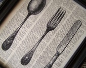Kitchen Art  Silverware, Wedding, Vintage Book Page Crafts