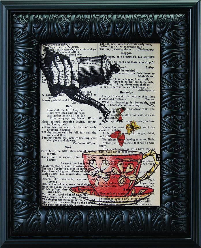 Kitchen Art, Tea Pot, Tea Cup, Steampunk, Butterflies, Hand, Upcycled, Vintage Book Print