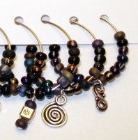 Set of 6 Wine Charms / Drink Markers - Charms - Black and Purple Fancy