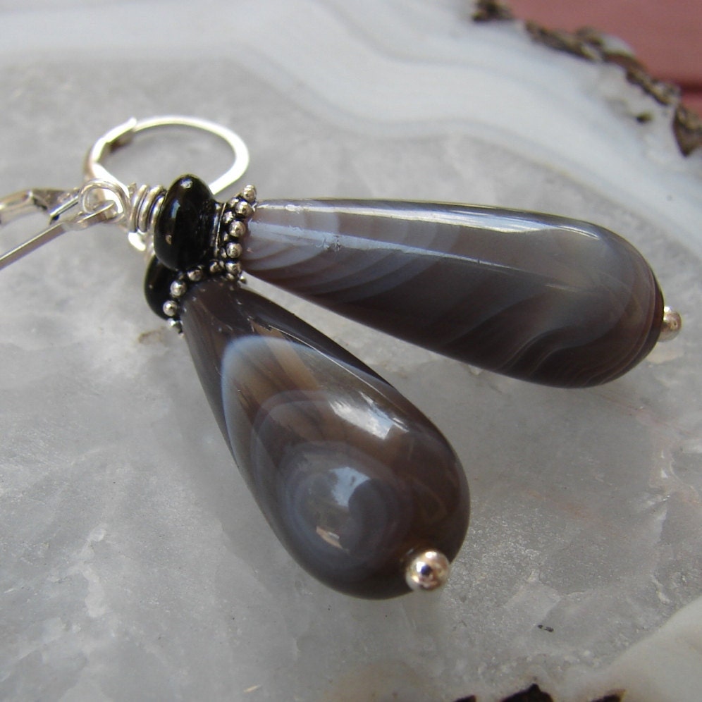 Botswana Agate Earrings in Sterling Silver - Teardrop Earrings on Leverbacks with Black Tourmaline - Coffee Shop