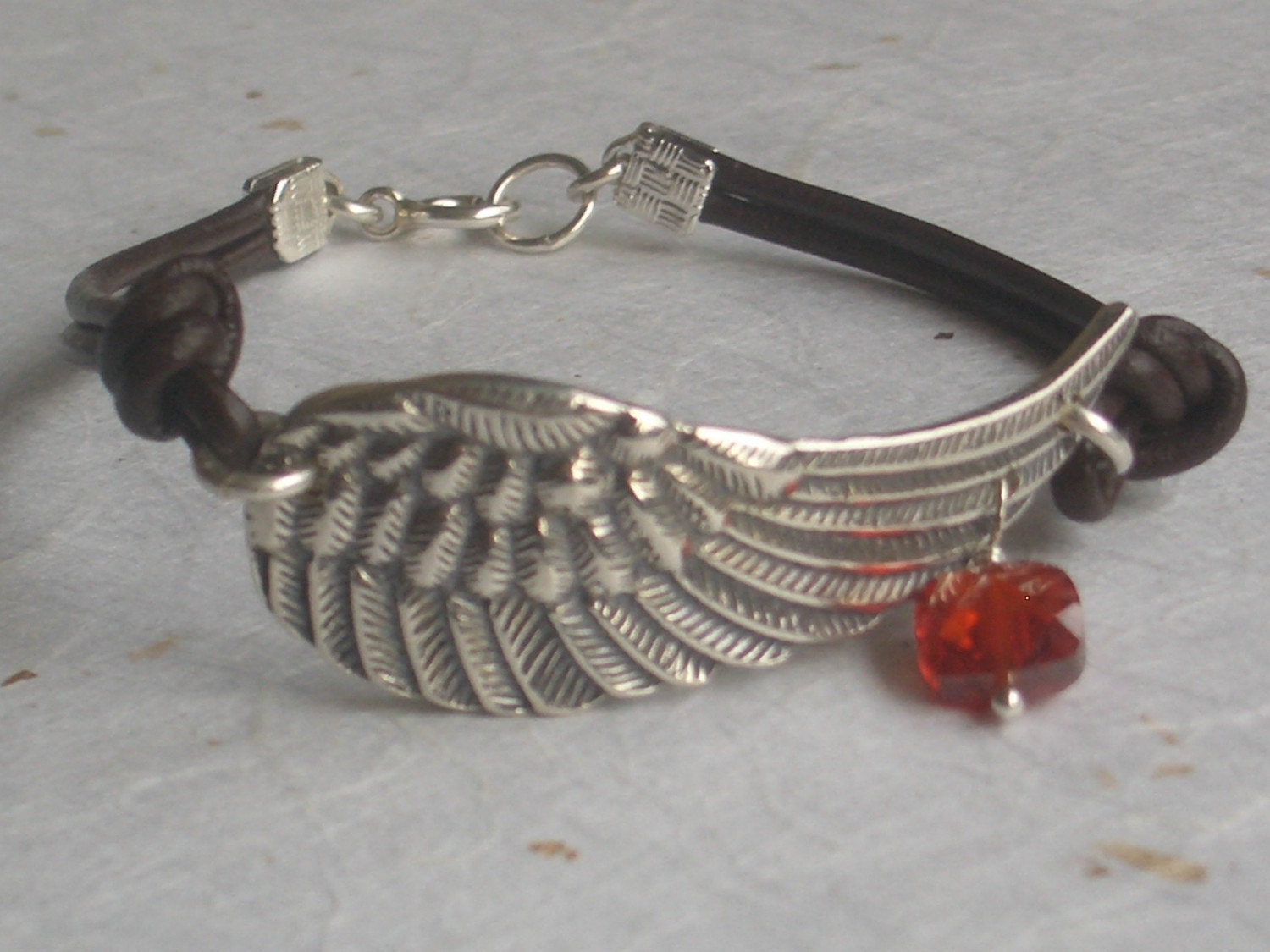 Hand Stamped Angel Wing Leather Bracelet