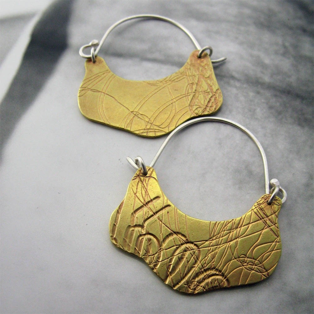 Scribble Blades - Brass and Sterling Hoop Earrings
