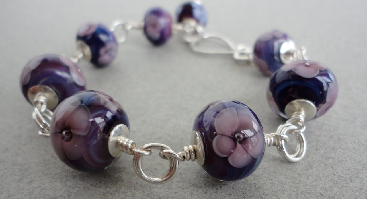 Plum Floral- Lampwork Glass & Sterling Silver Bracelet
