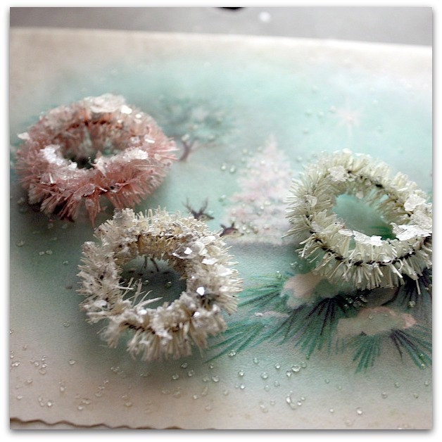 3 mini hand dyed and glittered 1" bottle brush wreaths CSSTeam