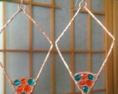 Hammered Turquoise and Orange Earrings, Copper Diamond with orange and turquoise crystals - Customizable