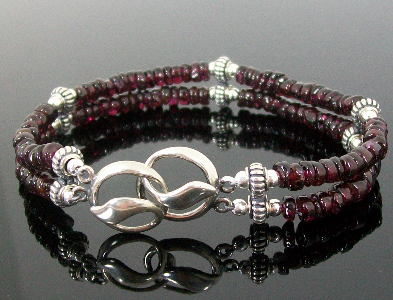 Garnet Double Strand Sterling Silver Handmade Bracelet