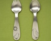 bird baby spoon and spork feeding set - pewter for toddler or baby