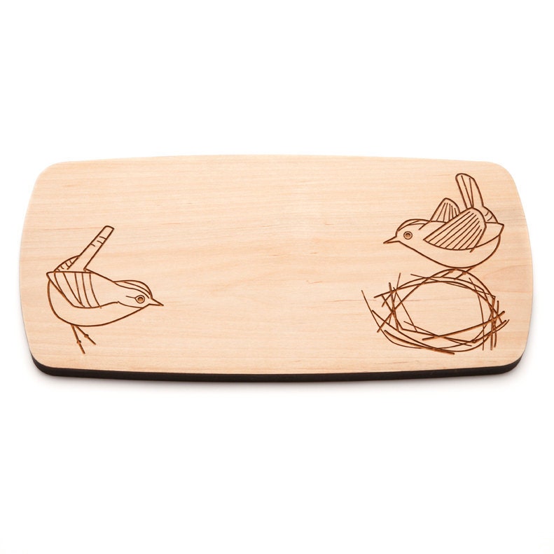 maple cheese board with engraved wren drawings
