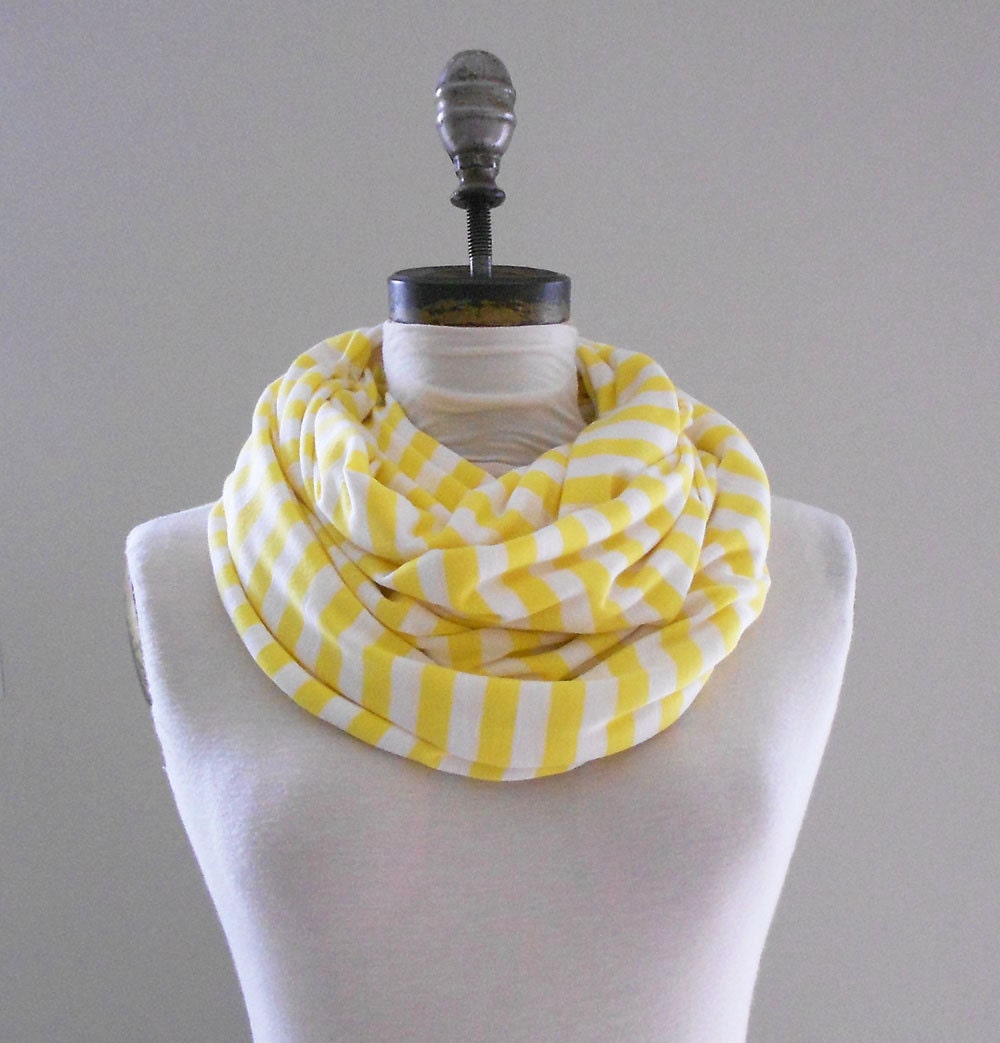Infinity scarf.  Circle scarf.  Yellow and white nautical striped jersey. - birdapparel