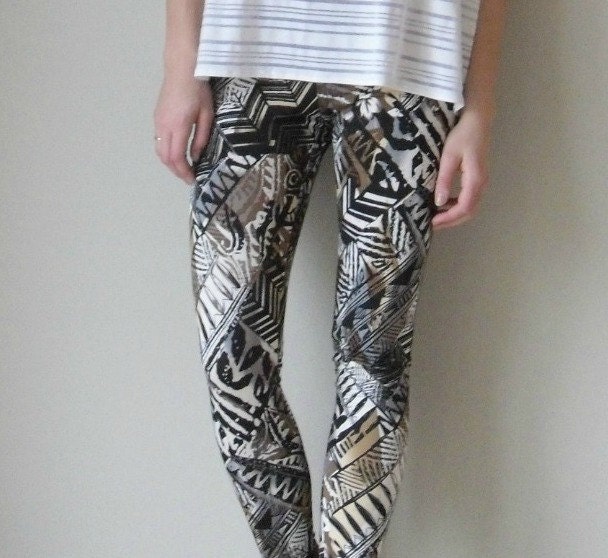 Leggings. Tribal print.  Brown, black, grey and white. xs, s, m, l