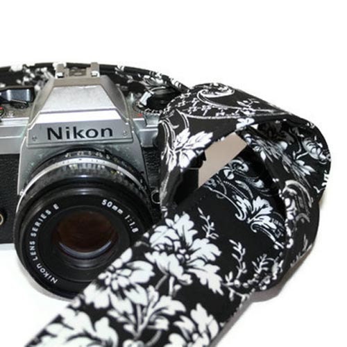 Camera Strap - Black White Floral Damask - SLR, DSLR